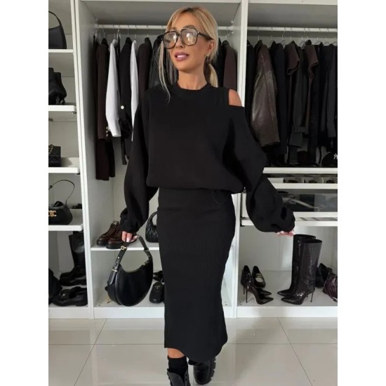 Women Fashion Solid Color Batwing Sleeve Sweatshirt Sleeveless Slim Fit Dress Two-Piece Set
