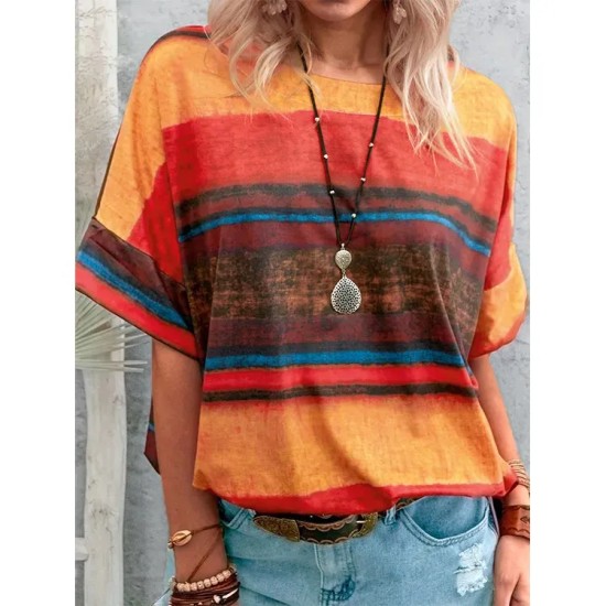 Women Casual Multicolor Print Short-Sleeve T-Shirt