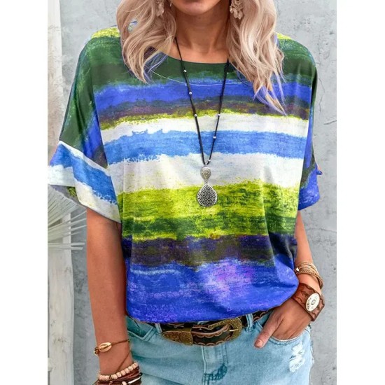 Women Casual Multicolor Print Short-Sleeve T-Shirt