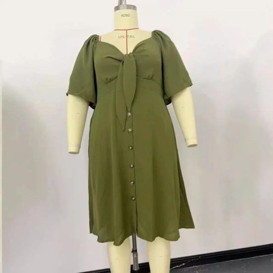 Women Fashion Plus Size Solid Color V-Neck Short Sleeve Single Breasted Dress