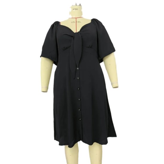Women Fashion Plus Size Solid Color V-Neck Short Sleeve Single Breasted Dress