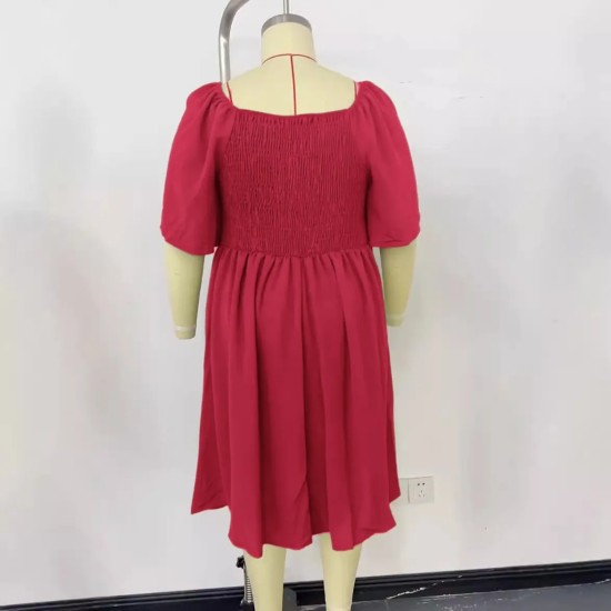 Women Fashion Plus Size Solid Color V-Neck Short Sleeve Single Breasted Dress