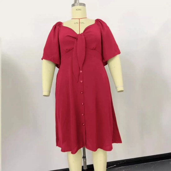 Women Fashion Plus Size Solid Color V-Neck Short Sleeve Single Breasted Dress