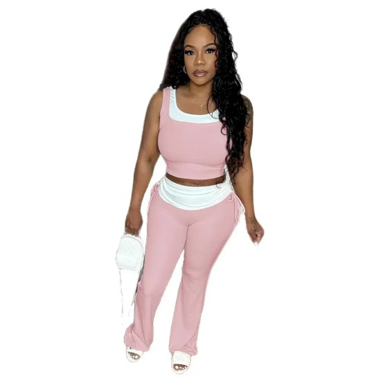 Women Fashion Casual Stitching Contrast Color Sleeveless Tank Top Slim Fit Pants Two-Pieces Set