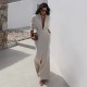 Women Fashion Elegant Solid Color Lapel Long Sleeve Blouse High Waist Skirt Two-Piece Set