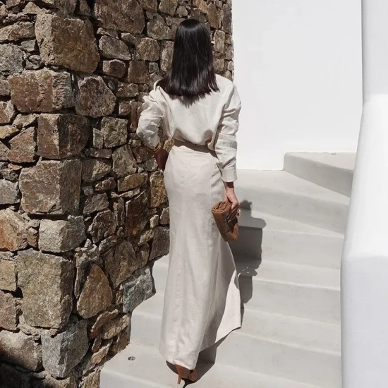 Women Fashion Elegant Solid Color Lapel Long Sleeve Blouse High Waist Skirt Two-Piece Set