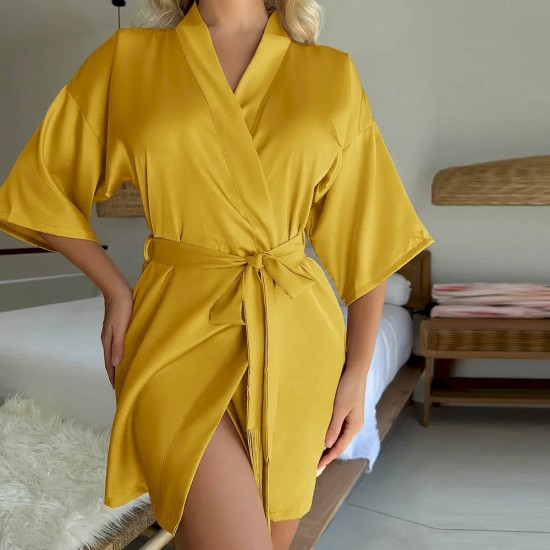 Women Fashion Solid Color Silk-Like Mid-Sleeve Lace-Up Loose Pajamas Women Fashion Solid Color Silk-Like Mid-Sleeve Lace-Up Loose Pajamas