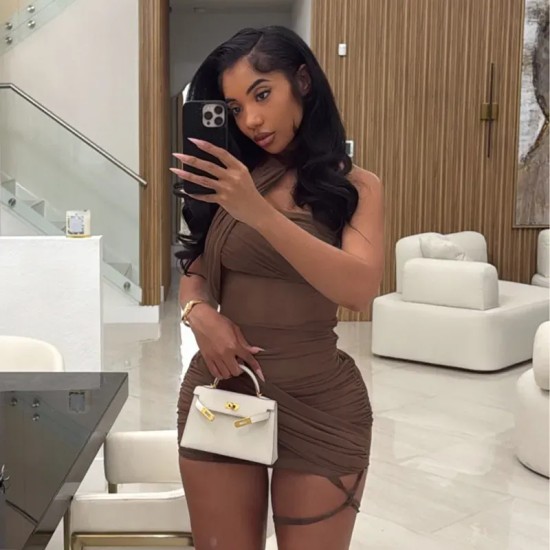 Women Fashion Sexy Irregular Solid Color Mesh Halter-Neck Backless Dress
