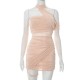 Women Fashion Sexy Irregular Solid Color Mesh Halter-Neck Backless Dress