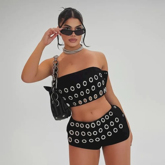 Women Fashion Sexy Punk Hollow Metal Ring Tube Top Tight Shorts Two-Piece Set