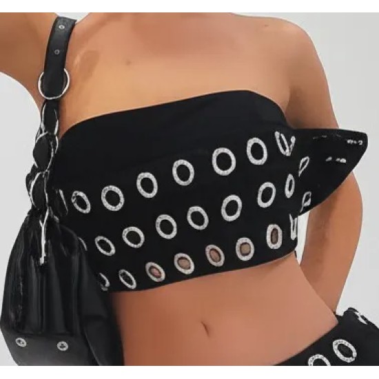 Women Fashion Sexy Punk Hollow Metal Ring Tube Top Tight Shorts Two-Piece Set