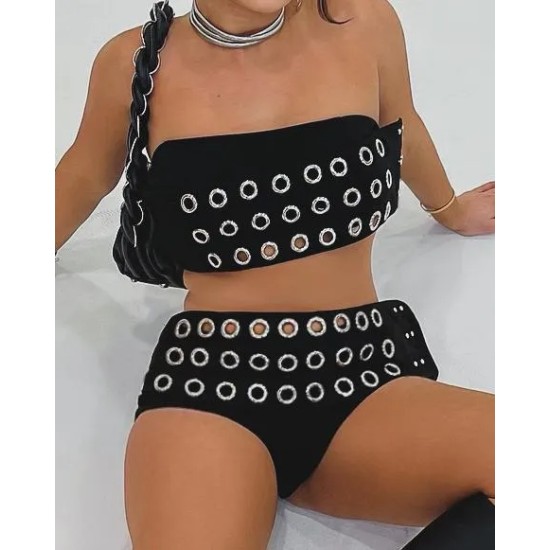 Women Fashion Sexy Punk Hollow Metal Ring Tube Top Tight Shorts Two-Piece Set