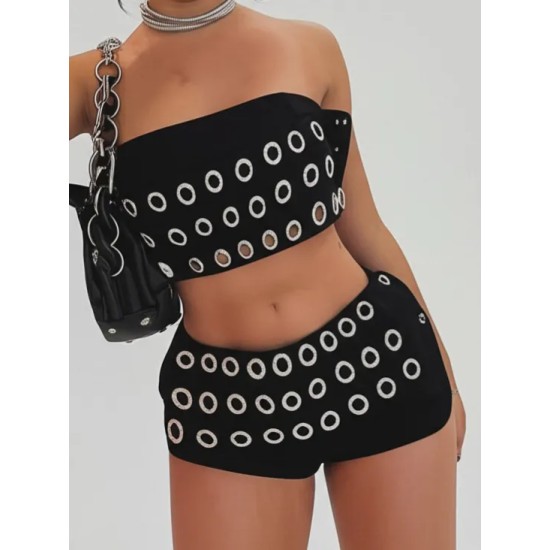 Women Fashion Sexy Punk Hollow Metal Ring Tube Top Tight Shorts Two-Piece Set