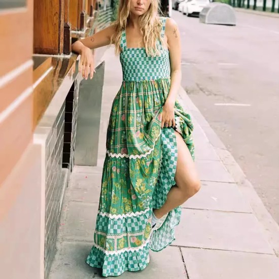 Women Fashion Printed Lace Sleeveless Backless Lace-Up Loose Dress