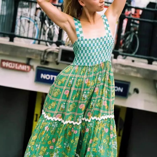 Women Fashion Printed Lace Sleeveless Backless Lace-Up Loose Dress