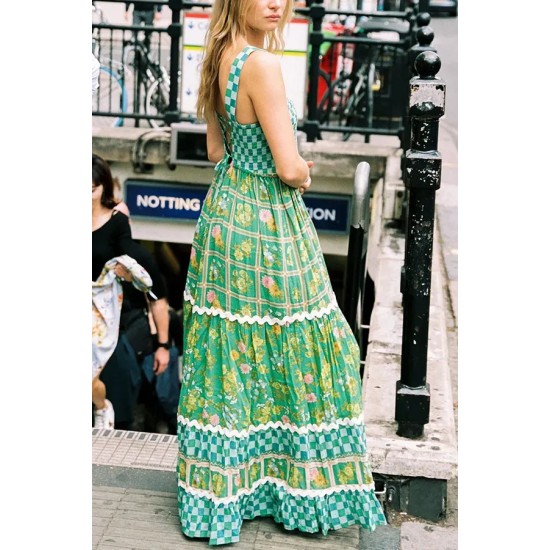 Women Fashion Printed Lace Sleeveless Backless Lace-Up Loose Dress
