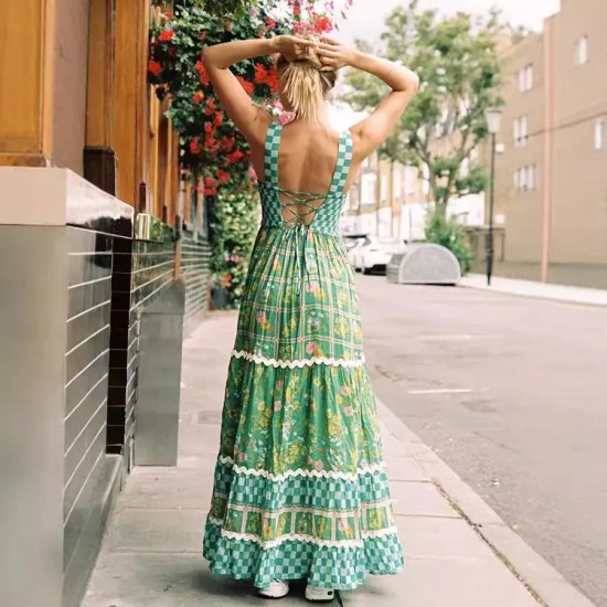 Women Fashion Printed Lace Sleeveless Backless Lace-Up Loose Dress