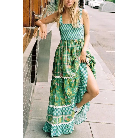 Women Fashion Printed Lace Sleeveless Backless Lace-Up Loose Dress