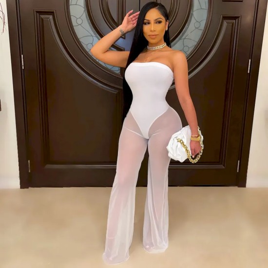 Women Fashion Sexy Mesh Tube Top Wide Leg Jumpsuits