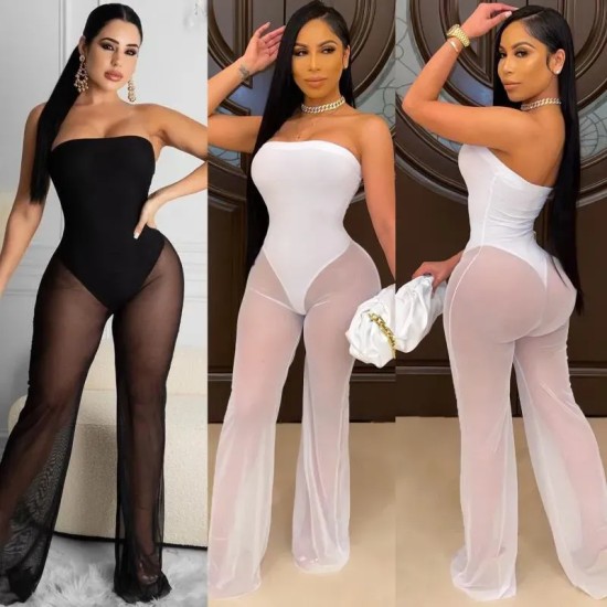 Women Fashion Sexy Mesh Tube Top Wide Leg Jumpsuits