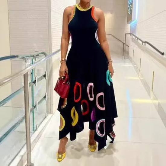Women Fashion Print Round Neck Sleeveless Hollow-Out Dress