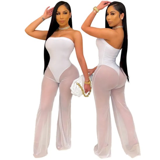 Women Fashion Sexy Mesh Tube Top Wide Leg Jumpsuits